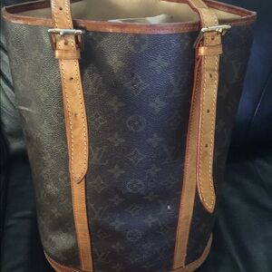 Louis Vuitton Brown Monogram Canvas Bucket Shoulder Bag with Tan Leather Trim